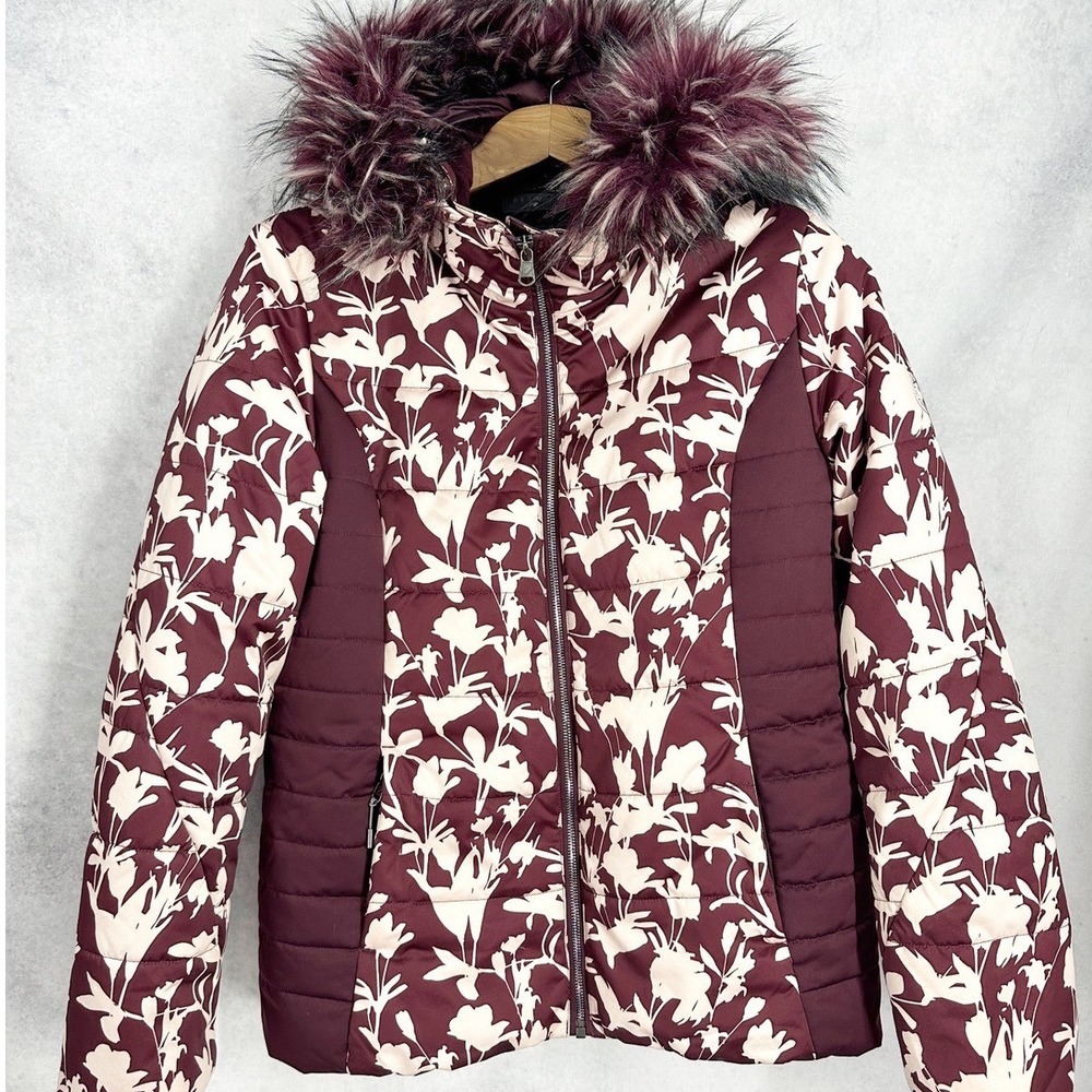 Obermeyer Resort Bombshell Wine and Vine Floral Ski Jacket Faux Fur Hood Size 12